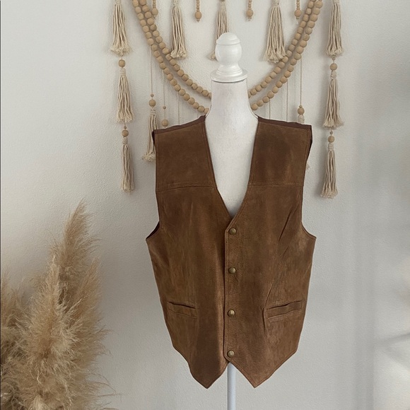 Vintage mens brown suede vest textured western gold tone snap cinch back large - Picture 3 of 16